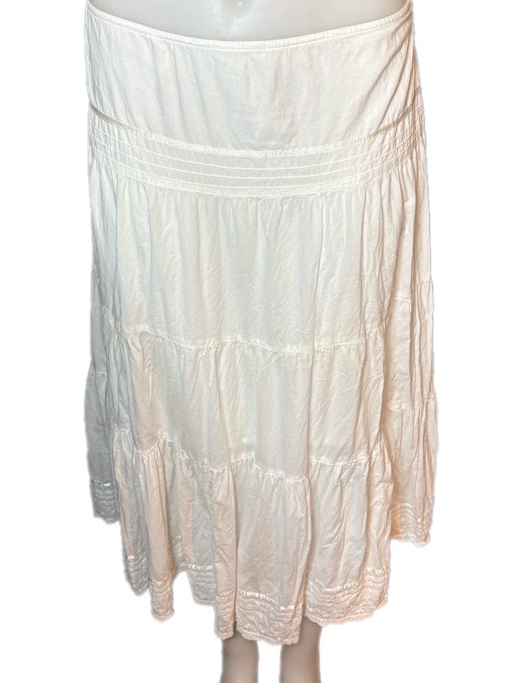 White Tiered Midi Skirt with Pintuck Waistband